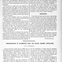 0240 - Page 239 - Partie professionnelle, Hygiène, Assistance, Mutualité, Intérêts corporatifs, Variétés. Travaux originaux. Chronique. Patente de deux époux médecins [Dr Paul Boudin] / Démographie et maternité chez les races noires africaines, Dr J. Legendre