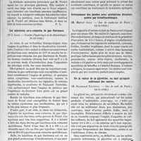 0292 - Page 291 - Partie scientifique. L'actualité scientifique. Les Sociétés Savantes. Paris. L’origine des abcès froids de la paroi thoracique, (Académie de médecine ; 20-12-1932) / Les injections sous-cutanées de gaz thermaux, (Société d'hydrologie et de climatologie ; 21-11-1932) / Le traitement de l’état de mal épileptique par l’acétylcholine, (Soc. méd. des hôp. de Paris ; 4-11-1932) / Acrocyanose des jambes avec ulcérations étendues, guérie par kéraffinethérapie, Soc. de médecine de Paris ; 12-11-1932) / De la valeur de la glycérine, en tant qu’agent sclérosant des varices, (Soc. de méd. de Paris ; 12-11-1932) / Quelques indications et résultats éloignés du drainage chirurgical de la vésicule biliaire, (Soc. de méd. de Paris ; 12-11-1932)