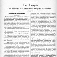 0293 - Page 292 - Partie scientifique. L'actualité scientifique. Les Sociétés Savantes. Paris. Quelques indications et résultats éloignés du drainage chirurgical de la vésicule biliaire, (Soc. de méd. de Paris ; 12-11-1932) / Les Congrès. XLIe congrès de l’association française de chirurgie. Chirurgie des nerfs du cœur. Traitement chirurgical de l’angine de poitrine par la méthode de la suppression du réflexe presseur. — Angine abdominale. Tachycardie paroxystique. — Blocage du cœur. —M. Danielopobu / Deux cas d’angine de poitrine opérés par la méthode de la suppression du réflexe presseur. —M. Jacobovici / Un cas d’angine de poitrine traité par la sympathectomie cervicale bilatérale et l’extirpation des plexus lombo-aortique et hypogastrique supérieurs. — M. Jiano [Dariau]