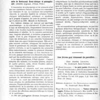 0295 - Page 294 - Partie scientifique. L'actualité scientifique. Les Thèses. Sclérodermie et cataracte. Maladie de Rothmund. Essai clinique et pathogénique, par Docteur H. Mamou. (Amédée Legrand, éditeur, Paris) / Les livres qui viennent de paraître…