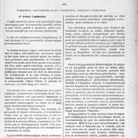 0416 - Page 415 - Partie scientifique. Travaux originaux. La clinique au goût du jour. Un nouvel acte du drame abdominal : la pancréatite aiguë hémorragique, d’après les travaux du Docteur B. Desplas et ceux de M. Roger Couvelaire. Douleur ombilicale déchirante et anéantissement subit sont les caractéristiques essentielles de ce drame. « On dirait d’un boxeur touché durement à l’estomac » / L’enquête : les preuves avant l’opération, pendant l’opération
