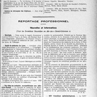 0456 - Page 455 - Partie professionnelle, Hygiène, Assistance, Mutualité, Intérêts corporatifs, Variétés. Hôpitaux de l’assistance publique de Paris. Enseignement, concours, avis divers / Reportage professionnel. Nouvelles et Informations, (Voir les Dernières Nouvelles en tête des « Demi-Colonnes »). Nécrologie [Docteurs Paquy, Barraud, Desoil, Juvin] / Faculté de médecine de Lyon / Une visite des médecins montpelliérains aux laboratoires Roussel / XIVe Concilium ophtalmologicum