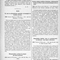 0507 - Page 506 - Partie scientifique. L’actualité scientifique. Les Sociétés Savantes. Paris. Un cas de streptococcémie chez une fillette de 8 ans, guérie par l’immuno-transfusion, (Soc. de médecine de Paris ; 26-11-1932) / Lyon. Un cas de pneumothorax spontané, accompagné de troubles nerveux, (Soc. méd. des Hôpitaux ; 1-3-1932) / Hématomyélie, accident de plongée par fond insuffisant, (Soc. méd. des Hôp ; 1-3-1932) / Liquide céphalo-rachidien hématique, renfermant des bacilles de Koch, dans un cas de méningite tuberculeuse, (Soc. nationale de Médecine et des Sciences médicales de Lyon, 1932) / Hémorragies tardives après la prostatectomie sus-pubienne ; leur nature infectieuse, (Soc. nat. de méd. et des Sc. Méd. de Lyon, 1932)