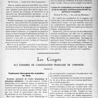 0508 - Page 507 - Partie scientifique. L’actualité scientifique. Les Sociétés Savantes. Lyon. Hémorragies tardives après la prostatectomie sus-pubienne ; leur nature infectieuse, (Soc. nat. de méd. et des Sc. Méd. de Lyon, 1932) / Thrombophlébite consécutive à une blessure du sinus latéral, (Société d’oto-rhino-laryngologie) / A propos des complications nerveuses de la rougeole : un cas de méningite morbilleuse ayant précédé l’apparition de l’exanthème, (Soc. méd. des Hôpitaux) / Les Congrès. XLIe Congrès de l’association française de chirurgie, (Suite). Traitement chirurgical des maladies du sang