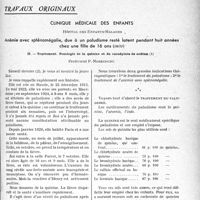 0616 - Page 615 - Partie scientifique. Travaux originaux. Clinique médicale des enfants, Hôpital des Enfants-Malades. Anémie avec splénomégalie, due à un paludisme resté latent pendant huit années chez une fille de 16 ans (suite). Traitement. Posologie de la quinine et du cacodylate de sodium, Professeur P. Nobécourt