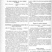 0631 - Page 630 - Partie scientifique. L’actualité scientifique. Les Sociétés Savantes. Paris. Un nouvel antiseptique des voies urinaires et biliaires, (Académie de médecine ; 24-1-1933) / Pyrétothérapie et chimiothérapie associées dans la syphilis expérimentale, (Académie de médecine ; 27-12-1932) / La détermination des foyers d’endémicité amaril, (Académie de médecine ; 3-1-1933) / Fracture de l’éperon olécranien, (Société de chirurgie ; 23-11-1932) / Patella tripartita, (Société de chirurgie ; 16-11-1932)