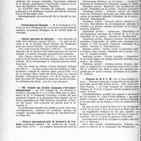 0657 - Page 656 - Partie professionnelle, Hygiène, Assistance, Mutualité, Intérêts corporatifs, Variétés. Reportage professionnel. Nouvelles et Informations, (Voir les Dernières Nouvelles en tête des " Demi-Colonnes "). Université de Bordeaux / Société belge de chirurgie / Société nationale de chirurgie / VIIe Congrès des Sociétés françaises d’oto-neuro-ophtalmologie / Congrès international pour la protection de l'enfance / Chemins de fer P. L. M