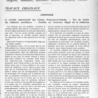 0788 - Page 787 - Partie professionnelle, Hygiène, Assistance, Mutualité, Intérêts corporatifs, Variétés. Travaux originaux. Chronique. Le contrôle administratif des Caisses d’assurance-maladie. — Son de cloche des médecins contrôleurs. — Variétés sur l'exercice illégal de la médecine [G. Duchesne]