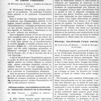0919 - Page 918 - Partie scientifique. L’actualité scientifique. Les Sociétés Savantes. Paris. Les syndromes d’inassimilation, (Académie de médecine, 31-1-1933) / Affections oculaires, vraisemblablement tuberculeuses, heureusement influencées par la chrysothérapie, (Académie de médecine ; 31-1-1933) / Hémorragie intra-péritonéale d’origine ovarienne, (Société de chirurgie ; 21-12-1932) / Fracture des apophyses transverses des vertèbres lombaires, (Société de chirurgie ; 30-11-1932)