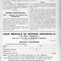 1016 - Page XLI-1015 - Le concours médical. Maladies professionnelles. Délai de responsabilité / Questions médico-militaires. Indemnité de première mise d’équipement / Ligue médicale de défense individuelle, (Le sou médical). Bulletin d’adhésion