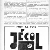 1023 - Page 1022-VIII - Dernières nouvelles. Le demi-millénaire de l’Université de Poitiers / Jubilé du Professeur d’Arsonval / Inauguration du Salon des médecins / Fédération des Sociétés des sciences médicales d’Algérie / Hôpitaux de Lyon / Institut d’hydrologie et de climatologie / Société des chirurgiens de Paris