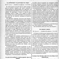 1053 - Page 1052 - Partie scientifique. L’actualité scientifique. Les Sociétés Savantes. Paris. La parthénologie ou gynécologie des vierges, (Académie de médecine ; 14-2-1933) / Au sujet de la souillure de denrées exposées dans les étalages, (Académie de médecine ; 14-2-1933) / Les maisons à cancer, (Académie de médecine ; 7-2-19 33) / A propos d’une fracture consolidée d’un tibia de cerf préhistorique, (Académie de médecine ; 7-2-1933)