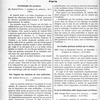 1121 - Page 1120 - Partie scientifique. L’actualité scientifique. Les Sociétés Savantes. Paris. Curiethérapie des psychoses, (Académie de médecine ; 21-2-1933) / Sur l’hygiène des industries de soies artificielles, (Académie de médecine ; 21-2-1933) / Les troubles généraux produits par le radium, (Académie de médecine ; 21-2-1933) / Ce que la tuberculose coûte chaque année à la France, (Académie de médecine ; 14-2-1933)