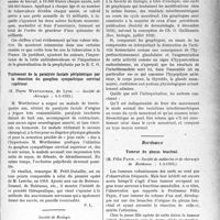 1122 - Page 1121 - Partie scientifique. L’actualité scientifique. Les Sociétés Savantes. Paris. Ce que la tuberculose coûte chaque année à la France, (Académie de médecine ; 14-2-1933) / Traitement de la paralysie faciale périphérique par la résection du ganglion sympathique cervical supérieur, (Société de chirurgie ; 4-1-1933) / Société de Biologie, 18 février 1933. Variations des résultats interférométriques (Méthode de Hirsch) au cours du cycle menstruel / Bordeaux. Tumeur du plexus brachial, (Société de médecine et de chirurgie de Bordeaux ; 1-3-1933)