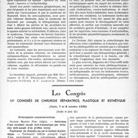 1124 - Page 1123 - Partie scientifique. L’actualité scientifique. Société d’hydrologie et de climatologie médicales de Paris, Séance solennelle du 20 mars 1933. Banquet du 21 mars 1933 / Les Congrès. IIIe Congrès de chirurgie réparatrice, plastique et esthétique, (Paris, 7 et 8 octobre 1932), (Suite et fin). Principales communications. Correction d’une ensellure nasale poste-traumatique par inclusion endo-nasale d’un greffon costal. — Docteur Maurice Péri / Chirurgie réparatrice, plastique et esthétique des hernies geantes. — Docteur Estanislao Lluesma Uranga / Chirurgie esthétique du pavillon de l’oreille. — Docteur Bourguet