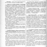 1217 - Page 1216 - Partie professionnelle, Hygiène, Assistance, Mutualité, Intérêts corporatifs, Variétés. Reportage professionnel. Nouvelles et Informations, (Voir les Dernières Nouvelles en tête des « Demi-Colonnes »). Nécrologie. [Docteur Durazzo] / Congrès de la Société française de gynécologie / Assemblée générale de l’Oeuvre de préservation de l’enfance contre la tuberculose / Faculté de médecine de Lille / Ligue contre la surdité / A la mémoire de Forlanini, inventeur du pneumothorax artificiel