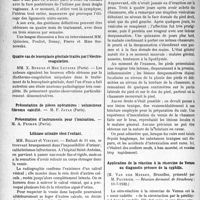 1341 - Page 1320 - Partie scientifique. L’actualité scientifique. Les Sociétés Savantes. Paris. Société française de gynécologie, Séance du 19 décembre 1932. Dysménorrhée et massage gynécologique / Quatre cas de leucoplasie génitale traités par l’électro-coagulation / Présentation de pièces opératoires : volumineux fibrome calcifié. — M. F. Jayle (Paris) / Présentation d’instruments pour l’ionisation — M. A. Pecker (Paris) / Lithiase urinaire chez l’enfant / Strasbourg. Eruption des pieds provoquée par des chaussures teintes, (Réunion dermatol. de Strasbourg ; 10-7-1932) / Application de la réaction à la résorcine de Vernes au diagnostic précoce de la syphilis, (Réunion dermatol. de Strasbourg ; 10-7-1932)