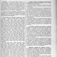 1378 - Page 1339 - Partie professionnelle, Hygiène, Assistance, Mutualité, Intérêts corporatifs, Variétés. Reportage professionnel. Nouvelles et Informations, (Voir les Dernières Nouvelles en tête des « Demi-Colonnes »). Nécrologie. [Docteur O. Beaufumé, Docteur Germond, Docteur Charles Devauchelle] / Prix de thèses de la Faculté de médecine de Paris / Le VIIIe Congrès de l’Association des gynécologues et obstétriciens de langue française / Association corporative des étudiants en médecine de Paris / Fédération nationale des médecins du front