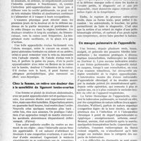 1417 - Page 1376 - Partie scientifique. Travaux originaux. L’appendicite et ses masques. Ne pas reconnaître l’appendicite sous ses différents masques peut devenir grave en clientèle, par le Docteur G. Fischer. Les faits d’observation. La sciatique, la psoïte et la pseudo-coxalgie appendiculaires / Chez la femme, on relève une douleur due à la sensibilité du ligament lombo-ovarien / Un masque pulmonaire de l’appendicite