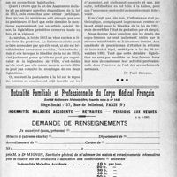 1444 - Page XXXIX-1401 - A travers l’officiel. Loi du 17 juin 1913 sur le repos des femmes en couches. Signification de l’expression « certificat médical » / Mutualité Familiale et Professionnelle du Corps Médical Français. Indemnités maladies accidents — retraites — pensions aux veuves. Demande de renseignements
