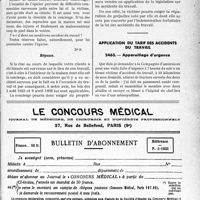 1446 - Page XLI-1403 - Correspondance. Accidents du travail. Rixe entre concierge et locataire / Application du tarif des accidents du travail. Appareillage d’urgence / Le concours médical. Bulletin d'abonnement