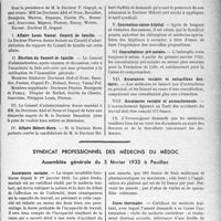 1586 - Page 1543 - Partie professionnelle, Hygiène, Assistance, Mutualité, Intérêts corporatifs, Variétés. Comptes rendus, documents, pièces officielles.... Syndicat des médecins des Ardennes / Syndicat professionnel des médecins du Médoc. Assemblée générale du 5 février 1933 à Pauillac