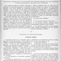 1767 - Page 1724 - Partie scientifique. Travaux originaux. Ce que pratiquement le médecin doit savoir de l’éducation physique, d’après le Docteur Pierre Nadal. L’éducation physique est l’art d’adapter tout exercice physique en vue d’améliorer l’aptitude corporelle à réaliser un but déterminé / Les moyens de l’éducation physique. L’exercice naturel