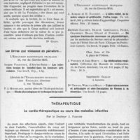 1778 - Page 1735 - Partie scientifique. L’actualité scientifique. Les Livres. L’Erreur de la médecine, par Docteur. Aug. Colin, Messageries Hachette / Les livres qui viennent de paraître / Thérapeutique. La cardio-thérapeutique au cours des maladies infantiles, par le Docteur J. Faguet