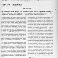 1864 - Page 1821 - Partie professionnelle, Hygiène, Assistance, Mutualité, Intérêts corporatifs, Variétés. Travaux originaux. Chronique. Une conférence de M. Martin, à la Bourse du travail, sur les Assurances sociales. — Comment on dore une pilule dont on ne saurait méconnaître l'amertume. — Contradictions, évocations, ambitions Qu’en pense le Corps médical [G. Duchesne]