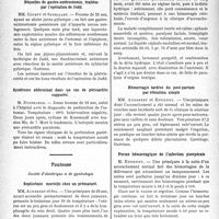2049 - Page 2004 - Partie scientifique. L'Actualité scientifique. Les Sociétés Savantes. Lille. Société médicale et anatomo-clinique. Séance du. mardi 24 janvier 1933 / Toulouse. Société d'obstétrique et de gynécologie. Septicémie mortelle chez un prématuré / Un cas d’azotémie grave pendant la grossesse / Hémorragie tardive du poste-partum par rétention simple / Forme hémorragique de l’infection puerpérale