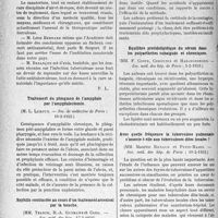 2115 - Page 2070 - Partie scientifique. L’actualité scientifique. Les Sociétés Savantes. Paris. La cure sanatoriale doit rester la base du traitement de la tuberculose pulmonaire, (Académie de médecine ; 30-5-1933) / Traitement du phlegmon de l’amygdale par l’amygdalectomie, (Soc. de médecine de Paris ; 10-2-1933) / Syphilis contractée au cours d’un traitement arsenical par la bouche, (Soc. méd. des hôp, 17-2-1933) / Equilibre protidolipidique du sérum dans les polyarthrites subaiguës et chroniques, (Soc. méd. des hôp. de Paris ; 3-2-1933) / Avec quelle fréquence la tuberculose pulmonaire s’associe-t-elle aux tuberculoses dites locales ?, (Soc. méd. des hôp. de Paris ; 10-2-1933)