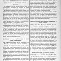 2176 - Page 2131 - Partie scientifique. L'actualité scientifique. Les Sociétés Savantes. Paris. Sur la création de 2. 000 débits de boissons spiritueuses, (Académie de médecine ; 30-5-1933) / Localisations nerveuses expérimentales du virus lympho-granulomateux, (Académie de médecine ; 9-5-1938) / Septicémie à streptocoques. Sérum de Vincent. Guérison, (Académie de médecine ; 9-5-1933) / Paralysie intestinale par hématome comprimant el plexus coeliaque, (Société de chirurgie ; 8-2-1933) / Sur le traitement du mal perforant plantaire, Société de chirurgie ; 22-2-1933)