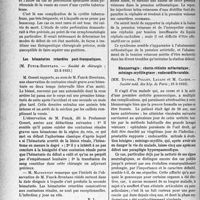 2177 - Page 2132 - Partie scientifique. L'actualité scientifique. Les Sociétés Savantes. Paris. Perforation intrapéritonéale d’une vessie tuberculeuse, (Société de chirurgie ; 22-2-33) / Les hématuries retardées poste-traumatiques, (Société de chirurgie ; 22-2-1933) / Un cas d’hypotension veineuse orthostatique, (Soc. méd. des Hôp. de Paris ; 17-3-1933) / Blennorragie ; chorio-rétinite métastatique ; méningo-myélite grave ; endocardite curable, (Société méd. des hôp. de Paris ; 31-3-1933) / La phase chirurgicale de l’abcès du poumon, (Soc. de méd. de Paris; 25-3-1933)