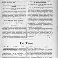 2178 - Page 2133 - Partie scientifique. L'actualité scientifique. Les Sociétés Savantes. Paris. La phase chirurgicale de l’abcès du poumon, (Soc. de méd. de Paris; 25-3-1933) / Traitement des herpès récidivants par les corps colorants, (Soc. de méd. de Paris ; 25-3-1933) / L’apophysite tibiale antérieure ou maladie de Lannelongue-Schlatter, (Soc. de pédiatrie de Paris ; 20-12-1932) / Dix ans de la vie de réfugiés arméniens ethnographie, psychologie, biologie, (Soc. de méd. de Paris ; 25-3-1933) / Les Thèses. Contribution à l’étude de la rupture artificielle précoce des membranes au cours de l’accouchement normal, par Dr J. Dufour, Paris, 1932