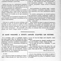2182 - Page 2137 - Partie professionnelle, Hygiène, Assistance, Mutualité, Intérêts corporatifs, Variétés. Travaux originaux. Chronique. A travers l'assurance-maladie. — Cas d’espèces. — Cas où, légalement, médecin traitant et médecin contrôleur peuvent et doivent se rencontrer. — Juridictions diverses [G. Duchesne] / Les mains humaines à doigts amputés sculptées sur rochers [Marcel Baudouin]