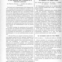 2235 - Page 2190 - Partie Scientifique. L'Actualité scientifique. Les Sociétés Savantes. Paris. La cure sanatoriale dans le traitement de la tuberculose pulmonaire, (Académie de médecine ; 13-6-1933) / Les inadaptés et les adaptés urbains, (Académie de médecine ; 30-5-1933) / La vaccination contre les virus filtrants, (Académie de médecine ; 30-5-1933) / Fréquence de la tuberculose pulmonaire chez l’enfant selon l’âge et le sexe, (Académie de médecine ; 30-5-1933)
