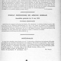 2246 - Page 2201 - Partie professionnelle, Hygiène, Assistance, Mutualité, Intérêts corporatifs, Variétés. Travaux originaux. Chronique. A travers l'assurance-invalidité. — Rapports éventuels entre médecins traitants et médecins contrôleurs-maladie et invalidité. — Avis divergents. — Nécessité d’une collaboration confraternelle [G. Duchesne] / Syndicat professionnel des médecins Bordelais, Assemblée générale du 13 mai 1933. Certificats administratifs / Indésirables [Ph. Dally]
