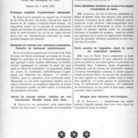 2297 - Page 2252 - Partie scientifique. L'actualité scientifique. Les Sociétés Savantes. Paris. Sur un cas d’ostéo-sarcome du radius, (Soc. de méd. de Paris ; 7-4-1933) / Société des chirurgiens de Paris, Séance du 7 avril 1933. Technique simplifiée d'hystérectomie abdominale / Séminome du testicule avec métastases pulmonaires. Tentative de traitement radiothérapique / Gliome du chiasma optique. Ablation par voie transfrontale. Résultat quinze mois après / Crises épileptoïdes localisées au niveau d’un moignon d’amputation de cuisse / Kyste mucoïde de l’appendice séparé du caecum par amputation spontanée / Seringue pour injections intra-tissulaires