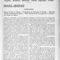 2484 - Page 2439 - Partie professionnelle, Hygiène, Assistance, Mutualité, Intérêts corporatifs, Variétés. Travaux originaux. Chronique. Toujours les fous en liberté. — Propositions du Professeur H. Claude. — Nécessité de faire l'éducation du public. — Vertu éducatrice de l'ouvrage de P. Voivenel : Du Timide au Satyre [G. Duchesne]