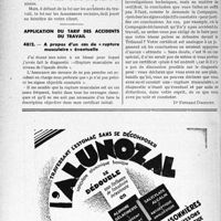 2499 - Page 2454-L - Correspondance. Accidents du travail. Les brûlures par chaux ne constituent pas des maladies professionnelles assimilées aux accidents du travail / Application du tarif des accidents du travail. A propos d’un cas de « rupture musculaire » éventuelle