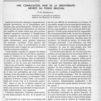 2522 - Page 2477 - Partie scientifique. Travaux originaux. Une complication rare de la sérothérapie : névrite du plexus brachial, P. -E. Micheleau
