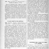 2537 - Page 2492 - Partie scientifique. L'actualité scientifique. Les Sociétés Savantes. Paris. Intoxications graves par un adhésif solubilisé par le benzène, (Académie de médecine ; 4-7-33) / Le cycle évolutif du virus syphilitique, (Académie de médecine, 20-6-1933) / Hémorragie péritonéale d’origine ovarienne, chez une jeune fille, (Société de chirurgie ; 5-4-1933) / Curiethérapie dans le cancer de la langue et de l’amygdale, (Soc. de méd. de Paris ; 10-3-1933)