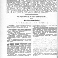 2551 - Page 2506 - Partie professionnelle, Hygiène, Assistance, Mutualité, Intérêts corporatifs, Variétés. Faculté de médecine de Paris. Enseignement et actes de la Faculté / Reportage professionnel. Nouvelles et Informations, (Voir les Dernières Nouvelles en tête des "Demi-Colonnes "). Nécrologie. [Docteur Raymond Passot] / XXe Congrès de la Société italienne de psychiatrie / Conférence scientifique internationale du rhumatisme progressif généralisé / Chemins de fer P. L. M