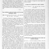 2594 - Page 2551 - Partie scientifique. L’actualité scientifique. Les Sociétés Savantes. Paris. Le déséquilibre des chlorures dans le choc opératoire, (Académie de médecine; 27-6-1933) / Coma diabétique, guéri par l’insuline, suivi d’un comaazotémique mortel, (Soc. méd. des hôp. de Paris ; 10-3-1933) / A propos de la transfusion de sang de cadavre, (Soc. méd. des hôp. de Paris ; 10-3-1933) / L’urétroscopie est indispensable pour bien traiter une uréthrite chronique, (Société de médecine de Paris ; 25-3-33)