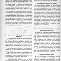 2707 - Page 2666 - Partie scientifique. L’actualité scientifique. Les Sociétés Savantes. Paris. L’extrait de lobe postérieur d’hypophyse et les métrorragies, (Soc. française de gynécologie 27-3-1933) / Société des chirurgiens de Paris, Séance du 5 mai 1933. Les auto-homo et hétéro-greffes en chirurgie réparatrice / La mastopexie. Technique et résultats / La mammectomie bilatérale totale avec greffe aréolo-mamelonnaire libre / Chirurgie plastique de la face