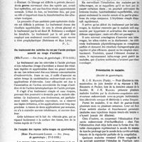 2769 - Page 2728 - Partie scientifique. L'actualité scientifique. Les Sociétés Savantes. Paris. Azotémie poste-opératoire, (Société de chirurgie ; 14-6-1933) / Du traitement des métrites du col par l’acide picrique associé au rouge d’acridine, (Soc. franç. de gynécologie ; 27-2-1933) / De l’emploi des rayons infra-rouges en gynécologie, (Soc. franç. de gynécologie ; 27-2-1933) / Présentation de malades, (Société de gynécologie)
