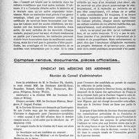 2779 - Page 2738 - Partie professionnelle, Hygiène, Assistance, Mutualité, Intérêts corporatifs, Variétés. Travaux originaux. Médecine d'administration. L’assurance sociale, partielle ou totale, en Allemagne, par le Docteur Kate Frankenthal / Comptes rendus, documents, pièces officielles.... Syndicat des médecins des Ardennes. Réunion du Conseil d’administration