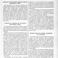 2824 - Page 2783 - Partie scientifique. L’Actualité Scientifique. La Presse. Traitement des pneumopathies aiguës par injections intraveineuses d’alcool [(Gaz. hebd. des Sc. médicales de Bordeaux, mars 1933)] / Traitement des septicémies par les injections Intra-veineuses d’alcool [(La Presse Médicale, 8 mars 1933)] / Résultats éloignés des fractures bi-malléolaires du cou-de-pied [(Gazette des Hôpitaux, 15 mars 1933)]