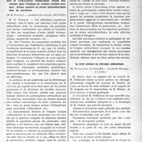 2898 - Page 2857 - Partie scientifique. L’actualité scientifique. Les Sociétés Savantes. Paris. Rôle de l’intoxication colibacillaire (toxine neurotrope) dans l’étiologie de certains troubles mentaux, Action curative du sérum anticolibacillaire dans les psychoses, (Académie des sciences ; 21-8-1933) / Le lever précoce en chirurgie abdominale, (Société de chirurgie ; 5-7-1933)