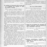 2899 - Page 2858 - Partie scientifique. L’actualité scientifique. Les Sociétés Savantes. Paris. Le lever précoce en chirurgie abdominale, (Société de chirurgie ; 5-7-1933) / Les variations de l’ammoniurie chez les sujets sains et les hépatiques sous l’influence de l’ingestion d’acides et d’alcalins, (Soc. méd. des hôp. de Paris ; 5-5-1933:) / Importance des pseudo-gonocoques en urologie, (Soc. de méd. de Paris ; 12-5-1933) / Sur un cas d’ulcère duodénal, (Soc. de méd. de Paris ; 29-4-1933) / Traitement psychothérapique, d’inspiration psychanalytique, de troubles de l’écriture chez une enfant ; guérison, (Soc. de méd. de Paris ; 29-4-1933)